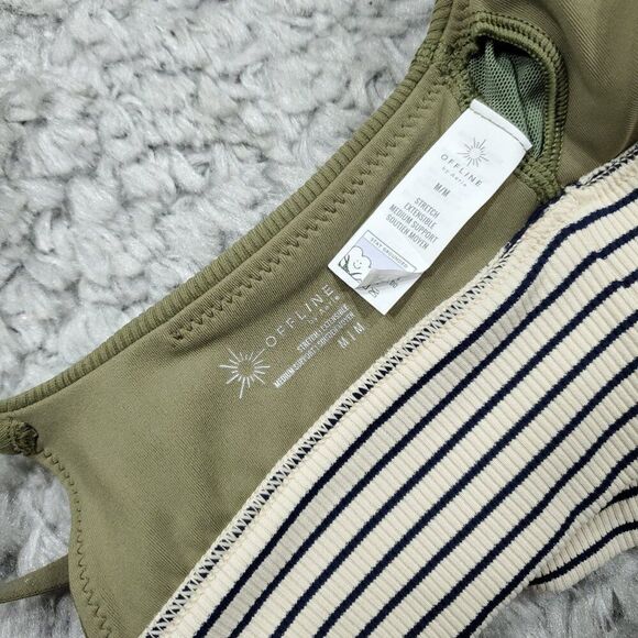 Aerie Offline Ribbed Scoop Sports Bra Green Striped Lined Padded Size Medium - Picture 5 of 5